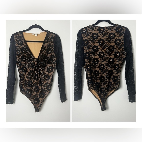 Boston Proper Black Lace V-Neck Front Knot Sheer Sleeves Whimsygoth Bodysuit M - Picture 1 of 10